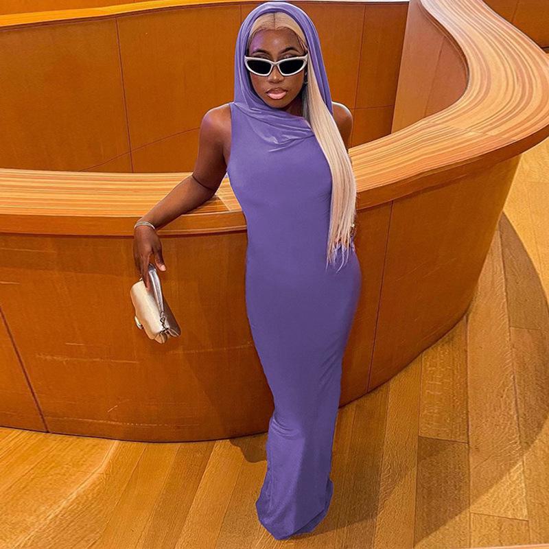 European & American Style 2023 Summer Women's Solid Color Hooded Sleeveless Slit Dress