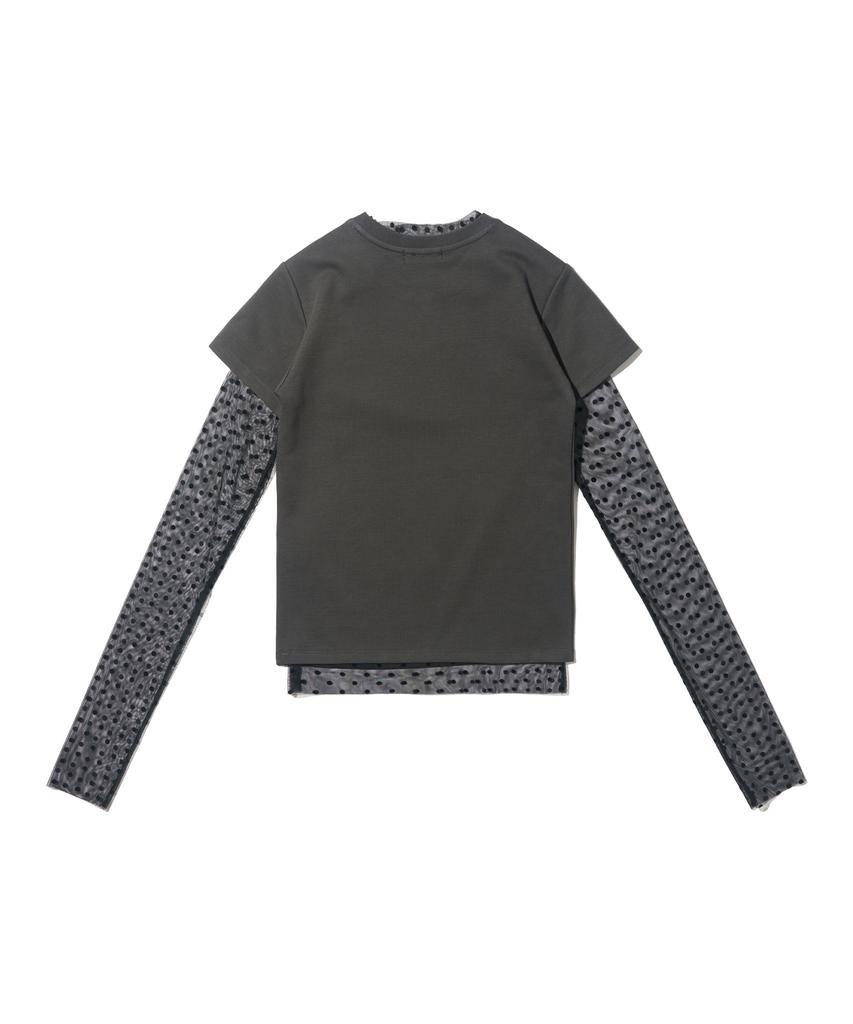 CARGOBROS FOR WOMAN Dot See-Through Long Sleeve Layered Casual Short Sleeve Tee Set (Black/Charcoal)