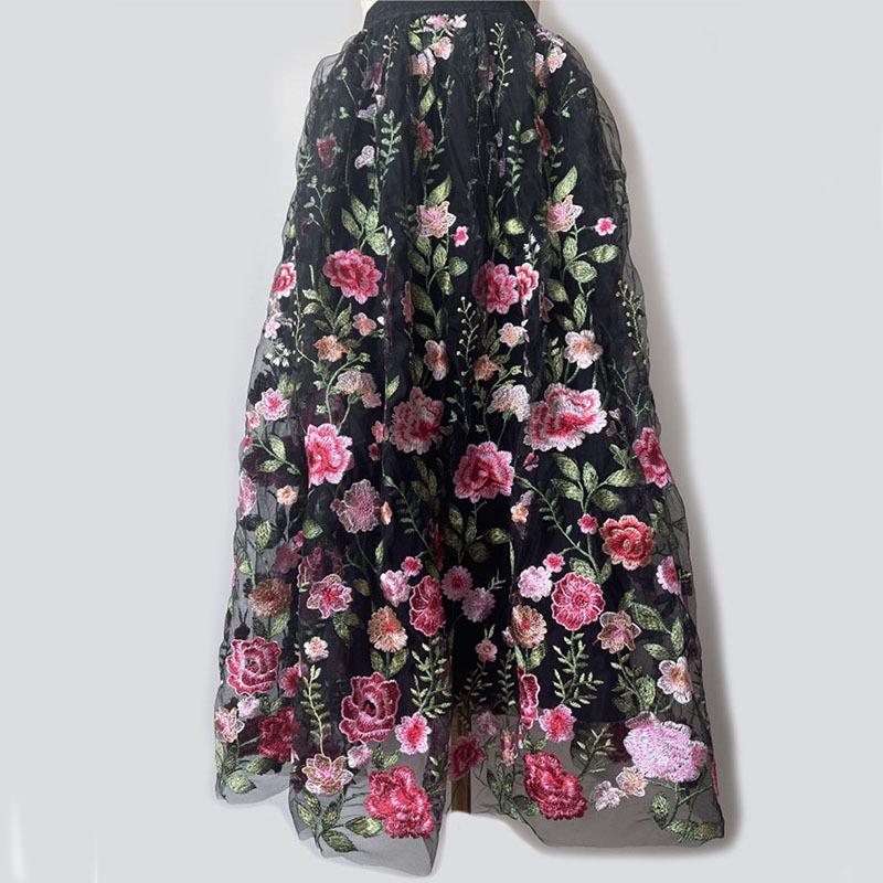 

Элегантная юбка А-силуэта с высокой талией 2024 года: Весна/Осень женская вышитая юбка миди M чёрный/цветочный