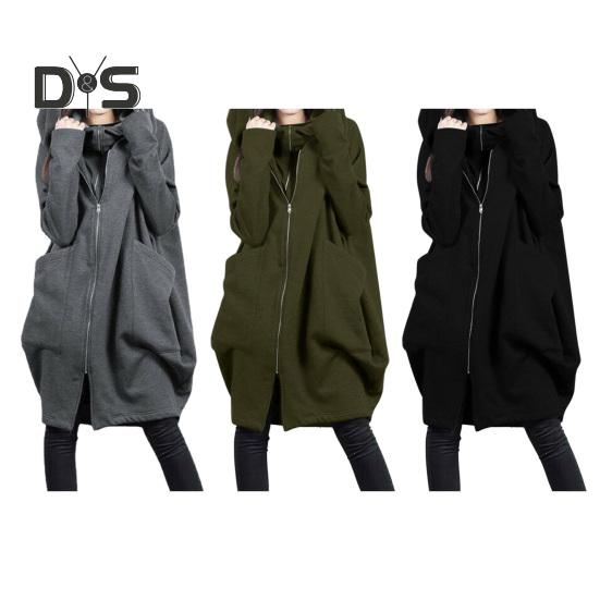 Sweat-shirt à capuche à manches longues pour femme, manteau à fermeture éclair, grandes poches, faux deux pièces, couleur unie, veste à capuche mi-longue