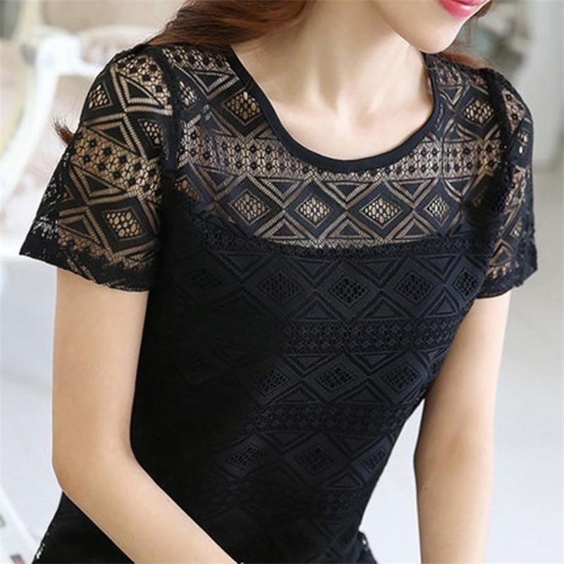 Summer Women Lace T-Shirt Lady Short-Sleeve Round-Neck T-Shirt Female Sexy Slim Fit Tee Girl Chiffon Shirt Pullover
