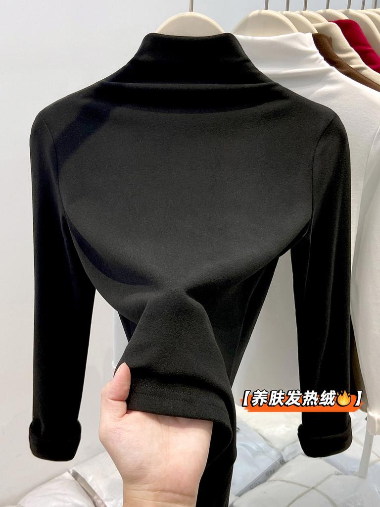 Double-sided German velvet inner top women's spring semi-turtleneck long-sleeved T-shirt temperament versatile bottoming shirt