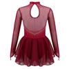 Stilvolles Eiskunstlaufkleid für Mädchen Langarm Rundhalsausschnitt Ausgeschnittener Rücken Glitzernde Strasssteine Netzstoff-Einsatz Ballett Tanz Leotard