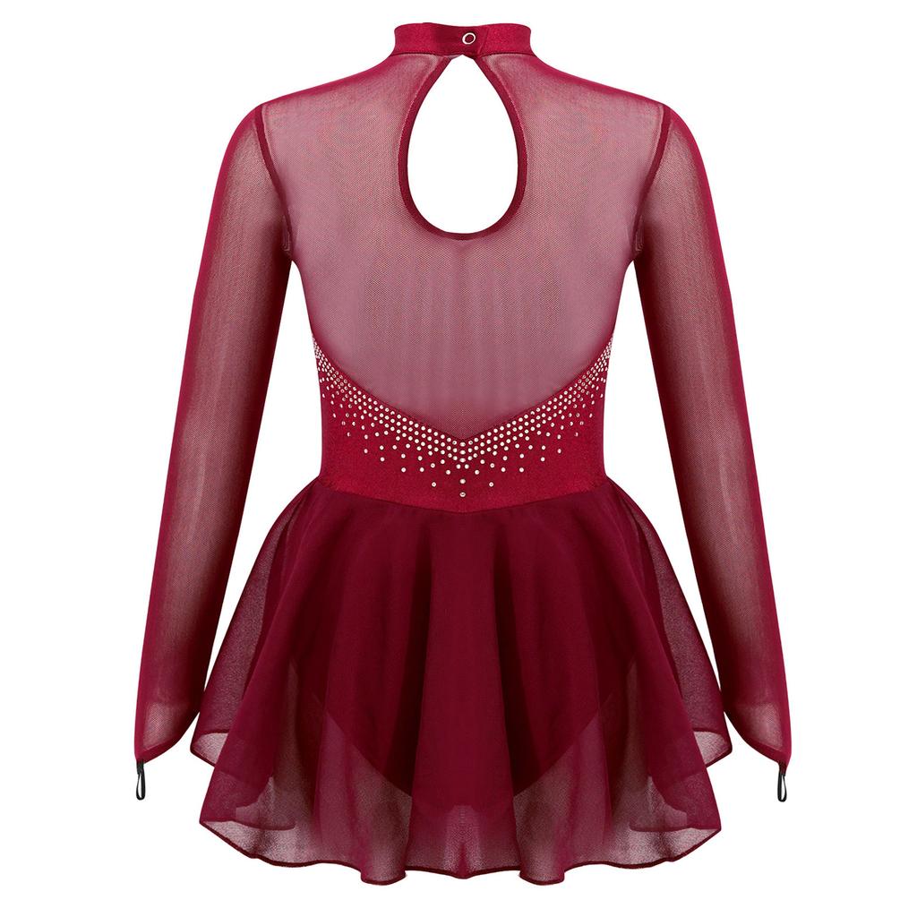 Stilvolles Eiskunstlaufkleid für Mädchen Langarm Rundhalsausschnitt Ausgeschnittener Rücken Glitzernde Strasssteine Netzstoff-Einsatz Ballett Tanz Leotard