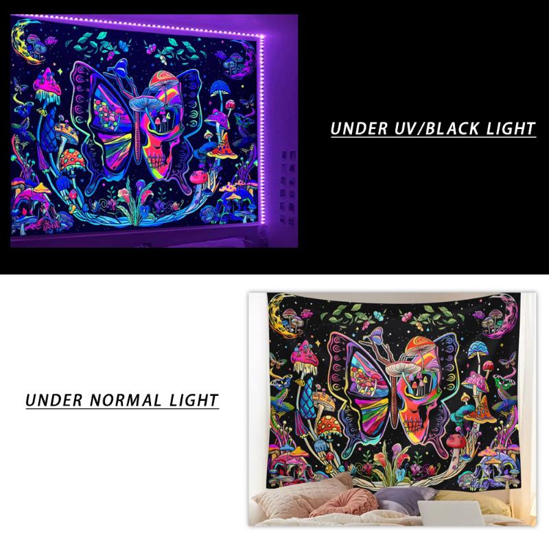 1pc Butterfly skull fluorescent tapestry, UV black light plant mushroom flower moon tapestry, home room decoration wall hanging