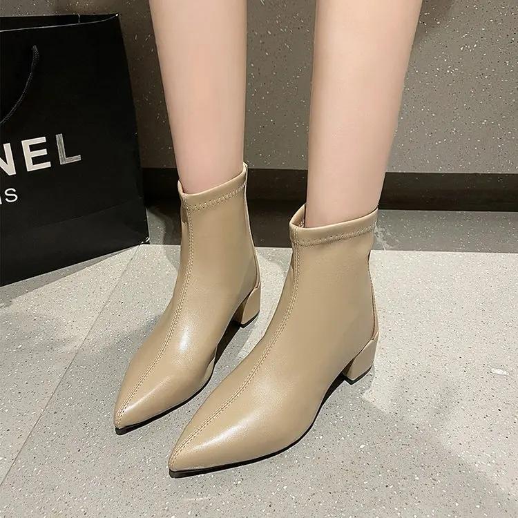 2024 New Korean Solid Pointed Short Boots with Thick Heels and Back Zipper for Tall and Slim Mid Heel Short Boots for Women