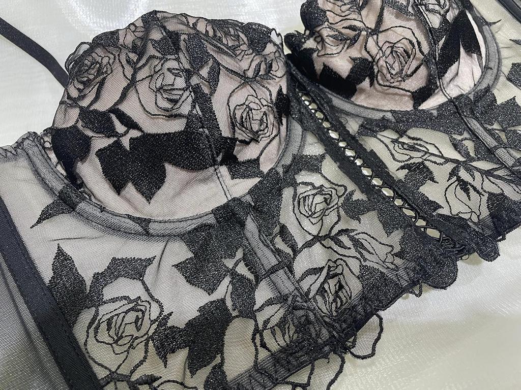 Rose Embroidered Lace Longline Bra Set
