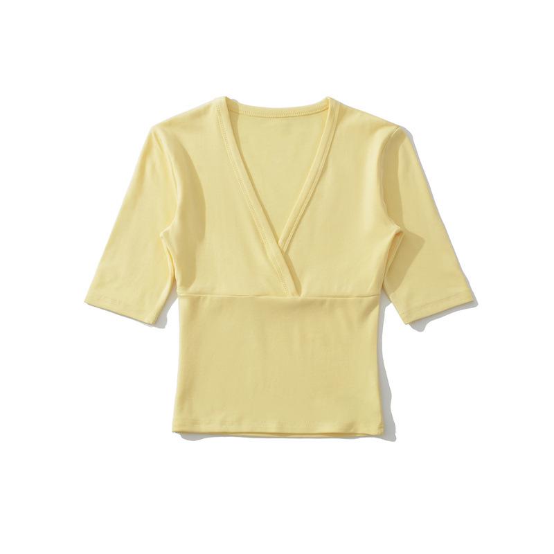 Elegante Camiseta Cruzada en V con Ceñido a la Cintura para Mujer - Capa Base de Manga Corta para Verano