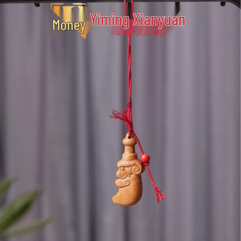 Peach Wood Carved Sword Axe Pendant Keychain