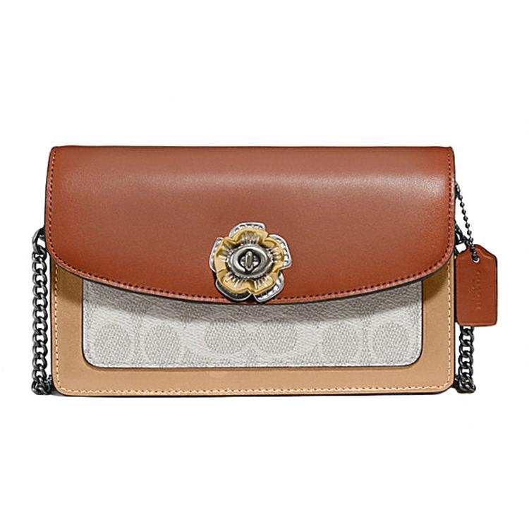New COACH Parker Coated Canvas With Refined Calfskin Shoulder Bag, Crossbody Bag Small Women's Brown Monogram 1680-B4R7F