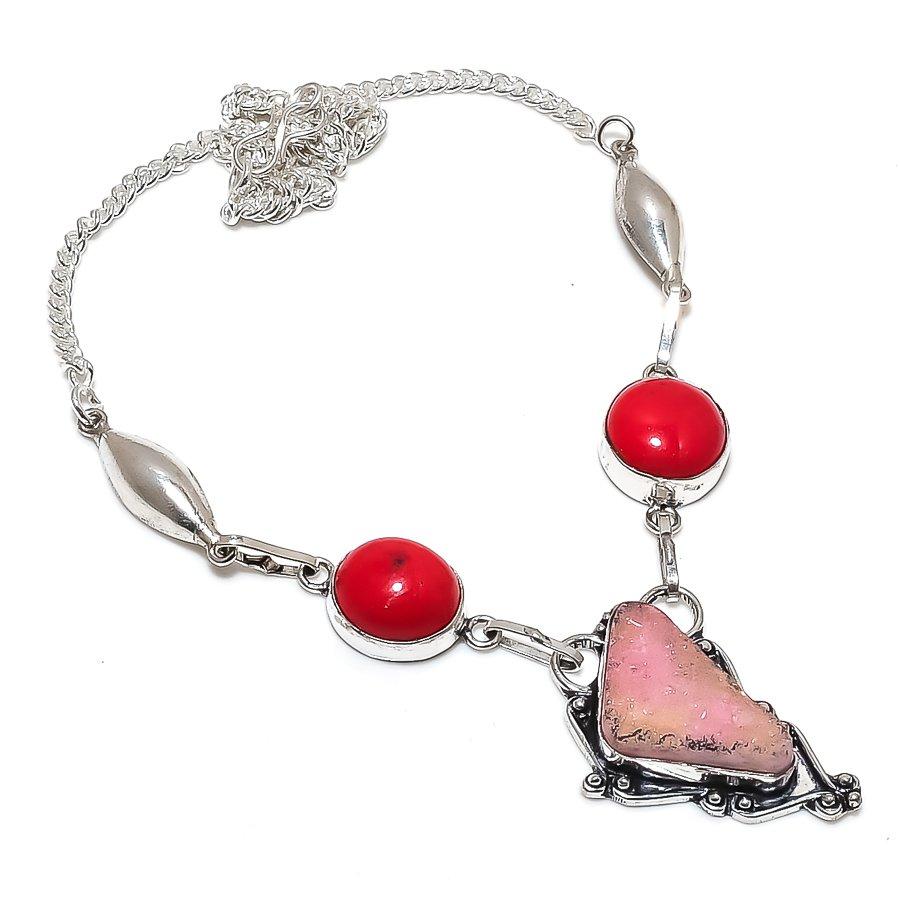 Natural Pink Opal, Coral Gemstone 925 Sterling Silver Jewelry Necklace 18" q0n76