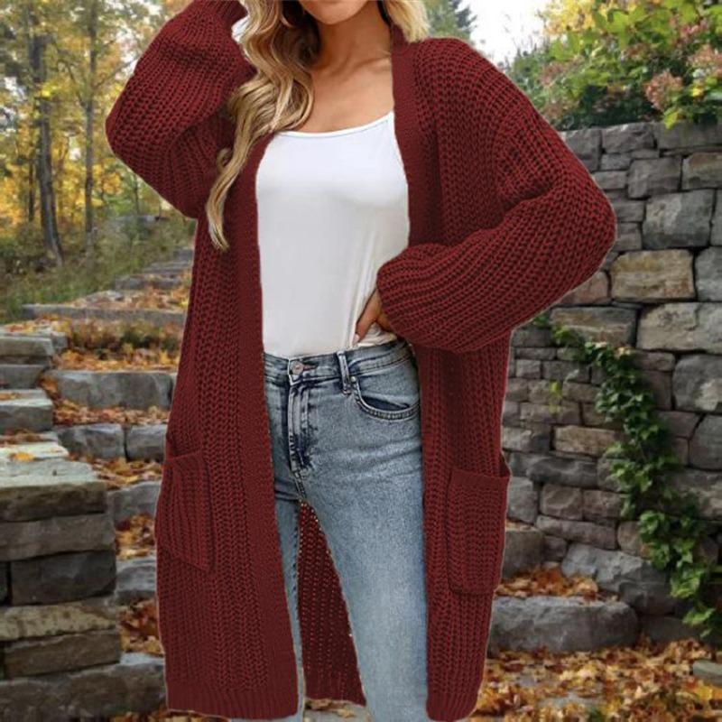 Solid Color Women's Knitted Mid-length Cardigan with Pockets