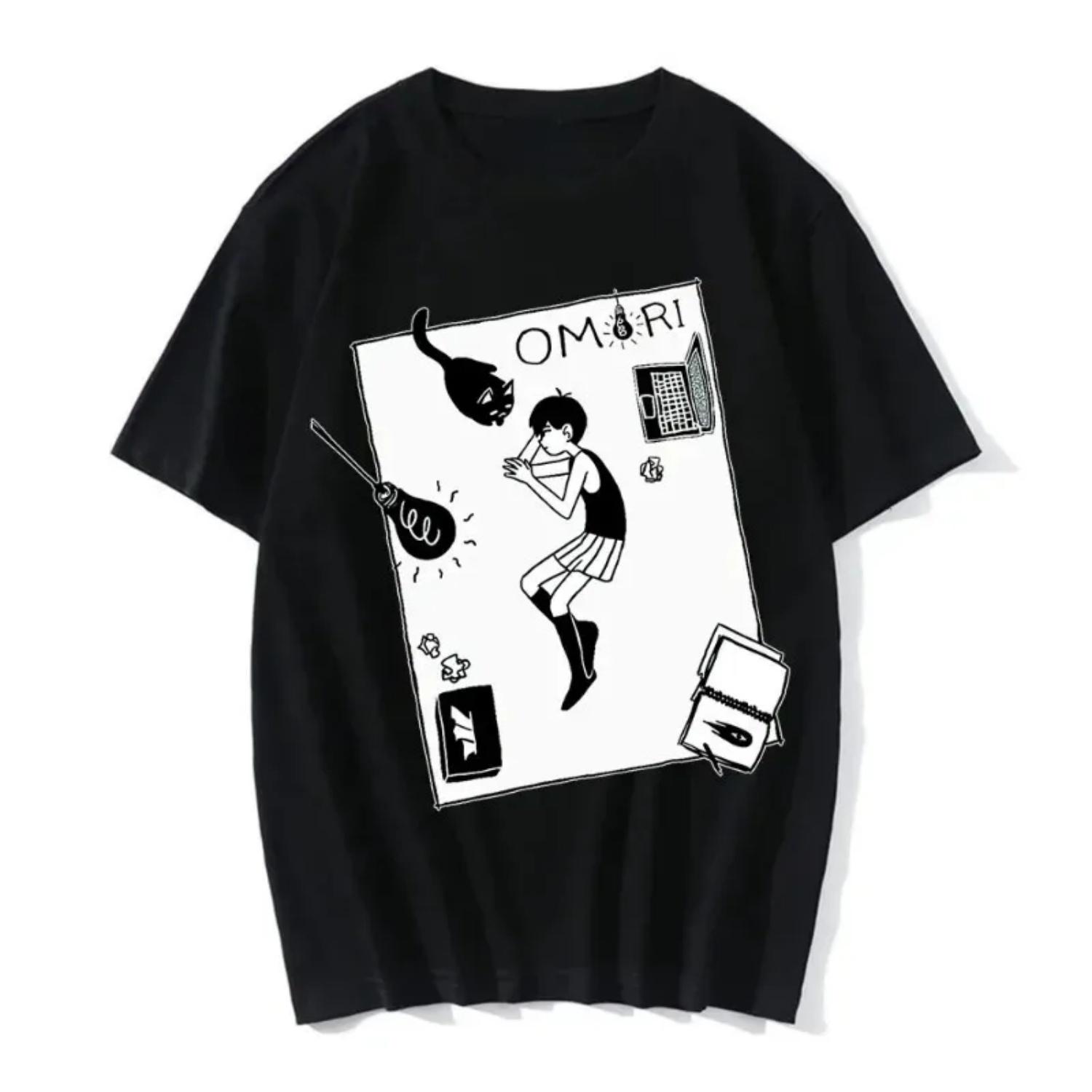 

Fashion Omori Merch Omocat Summer T-shirts Casual Tops Print Harajuku Style Short Sleeve Tops Cosplay T-shirts Fashion Y2K Top XXXXXL чорний