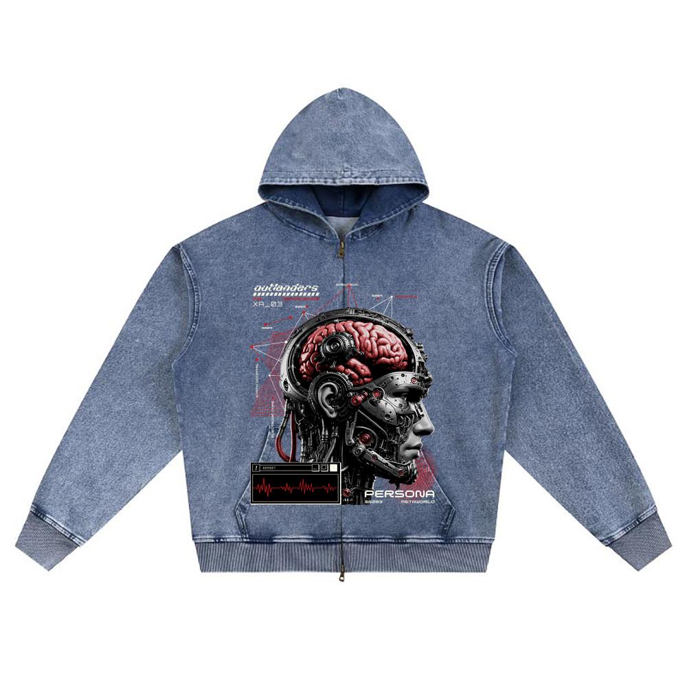 DTG Print Knitted Denim Zip-Up Hoodie Cyborg Brother Print Zipper Hoodies  