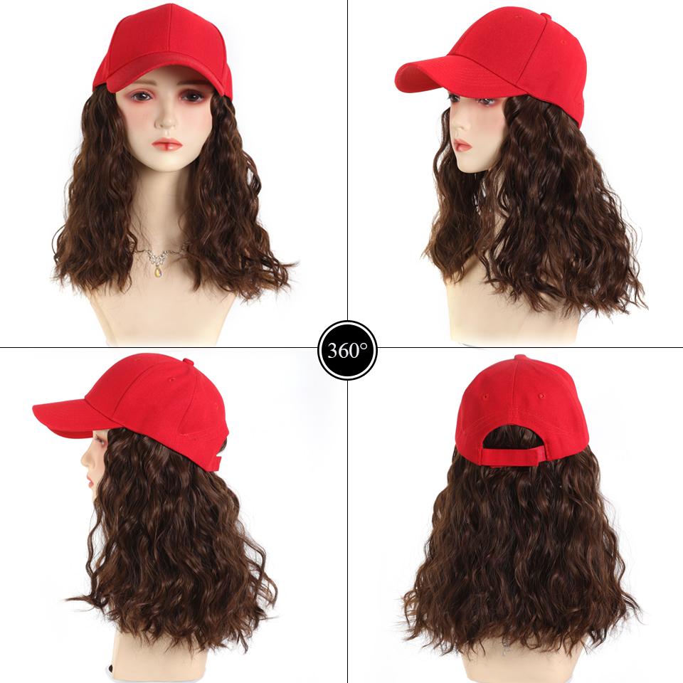 Red Baseball Hat Synthetic Hair Extensions Short Water Ripple Hairstyle Adjustable Cap Wig Heat Resistant for Women Daily Use