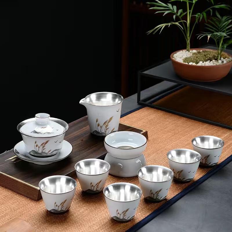 Chaxun Silver Kung Fu Tea Set with Lotus Design