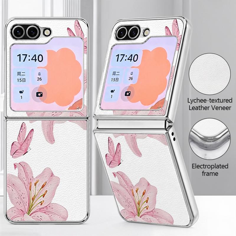 Floral Pattern Case For Samsung Galaxy Z FlIP 7 FE 6 5 Plating PC+PU Leather Hybrid Folding Cover For Samsung Z Flip7 Flip6 Flip5