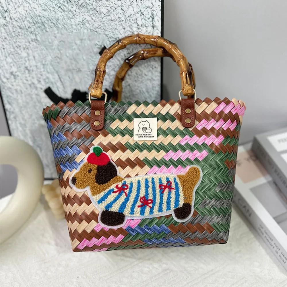 Casual PP Woven Handbags Stripe Woven Straw Bag Large Capacity Bamboo Handle Weaving Basket Female