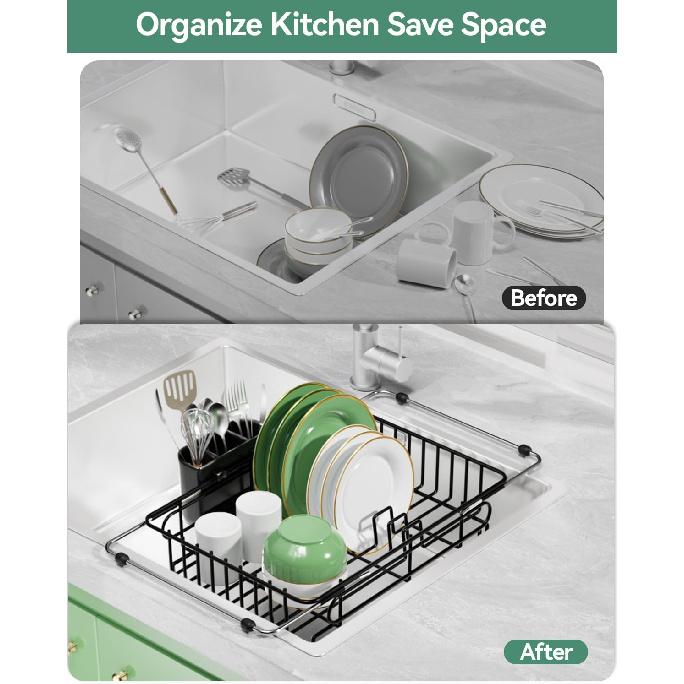 Expandable Dish Drying Rack for in-Sink, Over-Sink, and Counter Use, Dish Drainer with Removable Cutlery Holder, Space Saving & No Assembly Needed