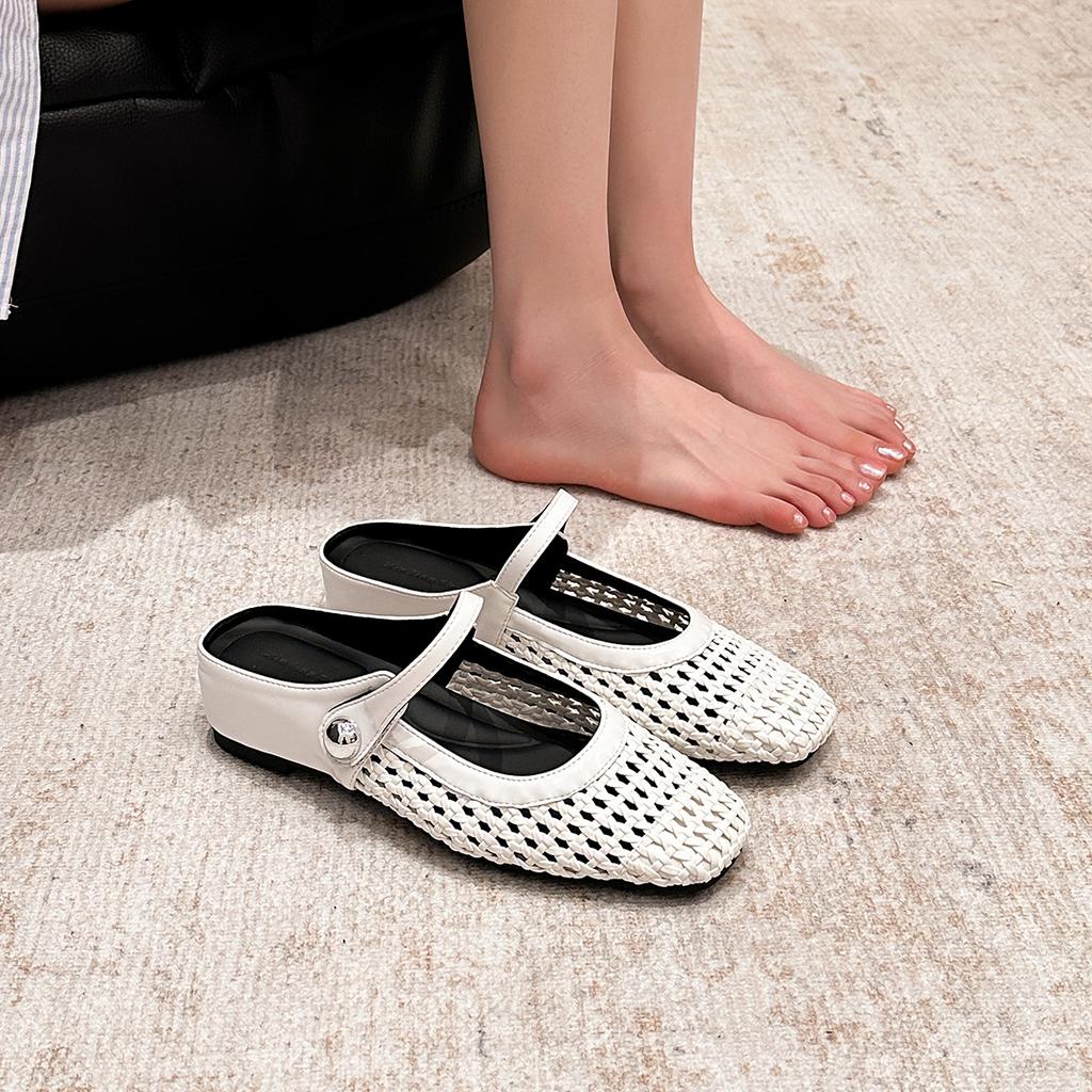 796-19 Square head woven hollow and breathable inner height increase rear empty single shoes women's spring and summer word with casual flat shoes