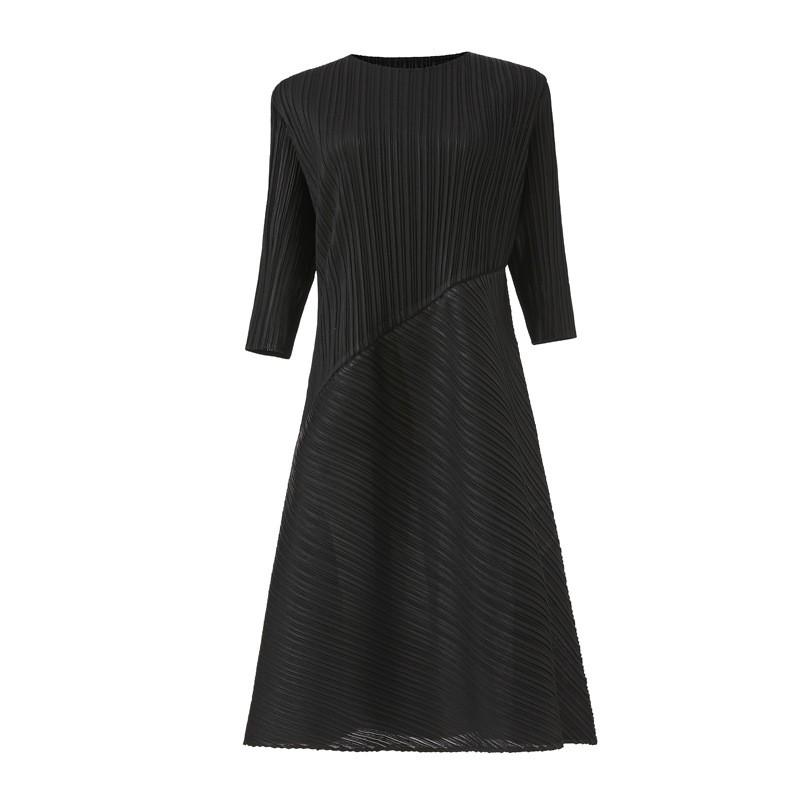 Womens Loose Fit Solid Color Round Neck 7/8 Sleeve Pleated Midi Dress Office Casual Wear