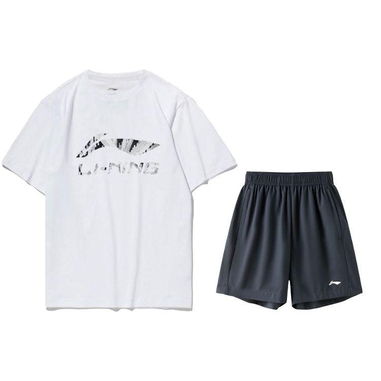 Li Ning Logo Short Sleeve Shorts Casual Sports Suit Men Suit White Ink-Gray ATST631-2+AKST633-3