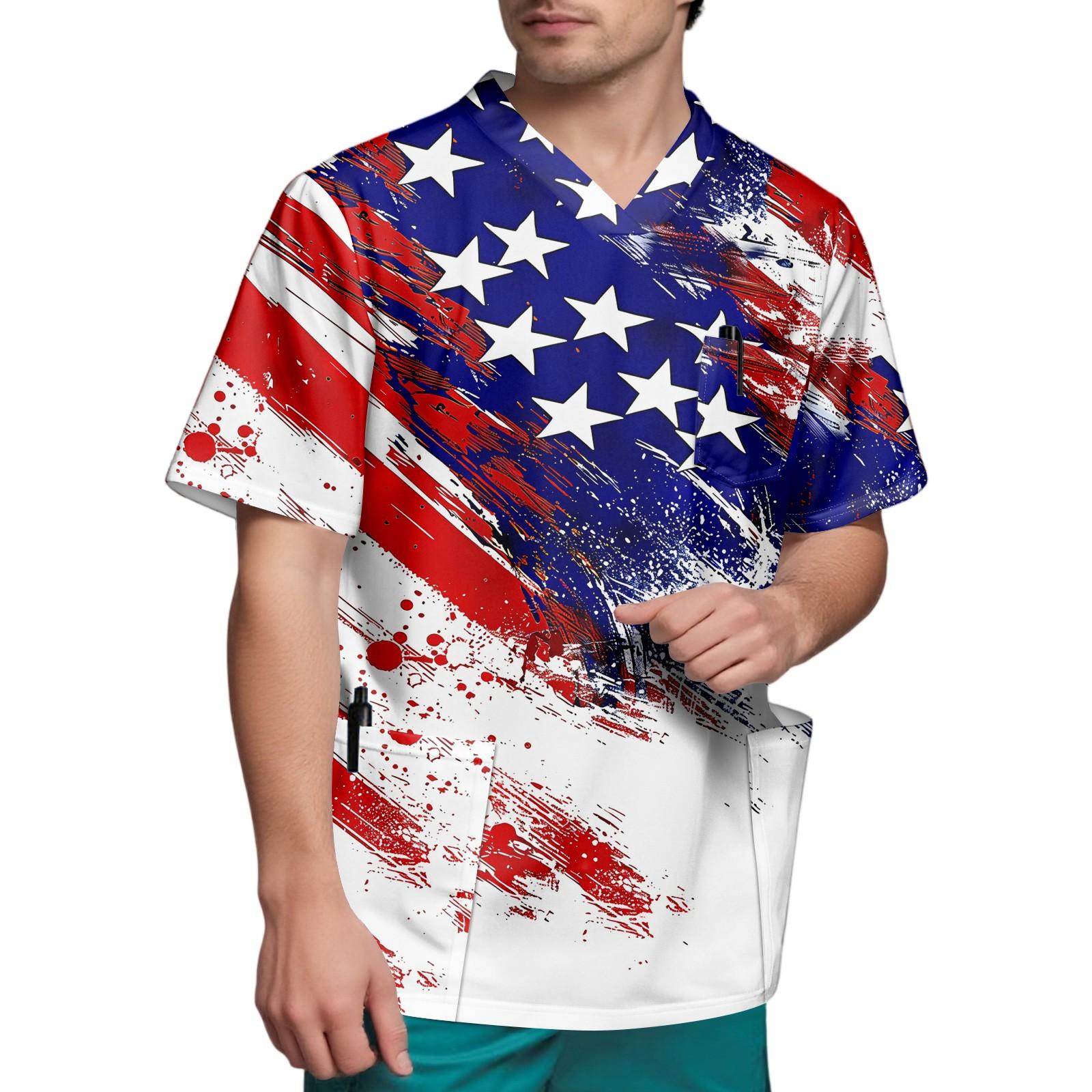 

Men s Short Sleeve V Neck Independence Day Print Chest Pocket Carer Top S