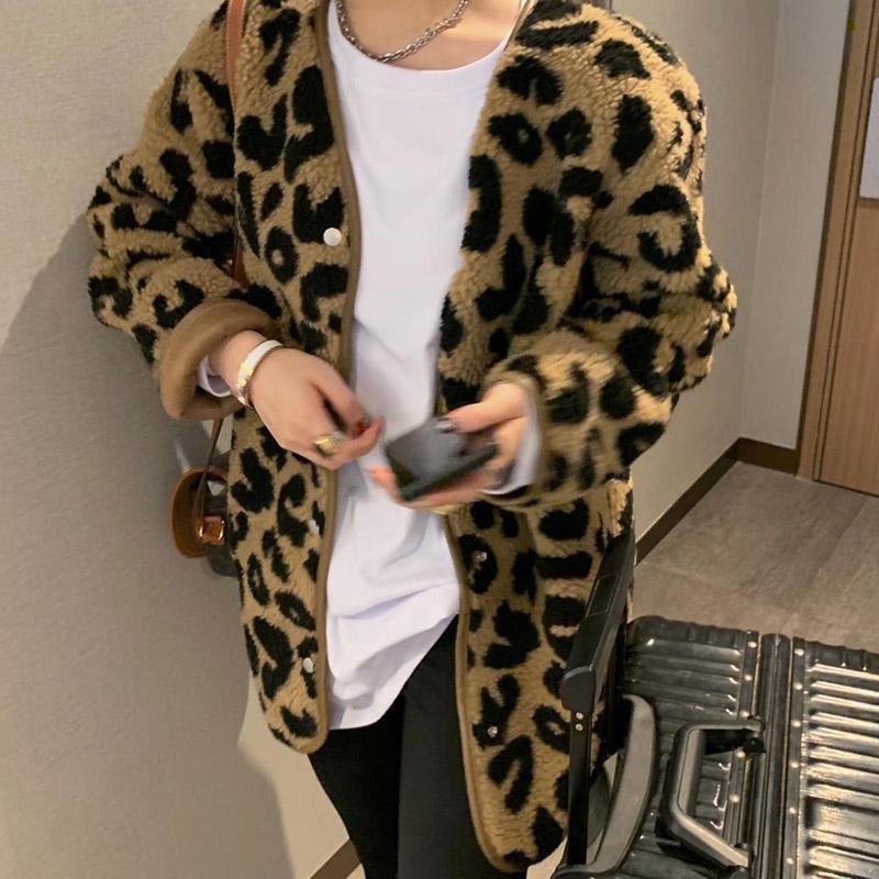 Coats for Women Oversize Cotton Fleece Leopard Fur Coat Autumn Winter Cardigan Casual Long Sleeve Women Coat