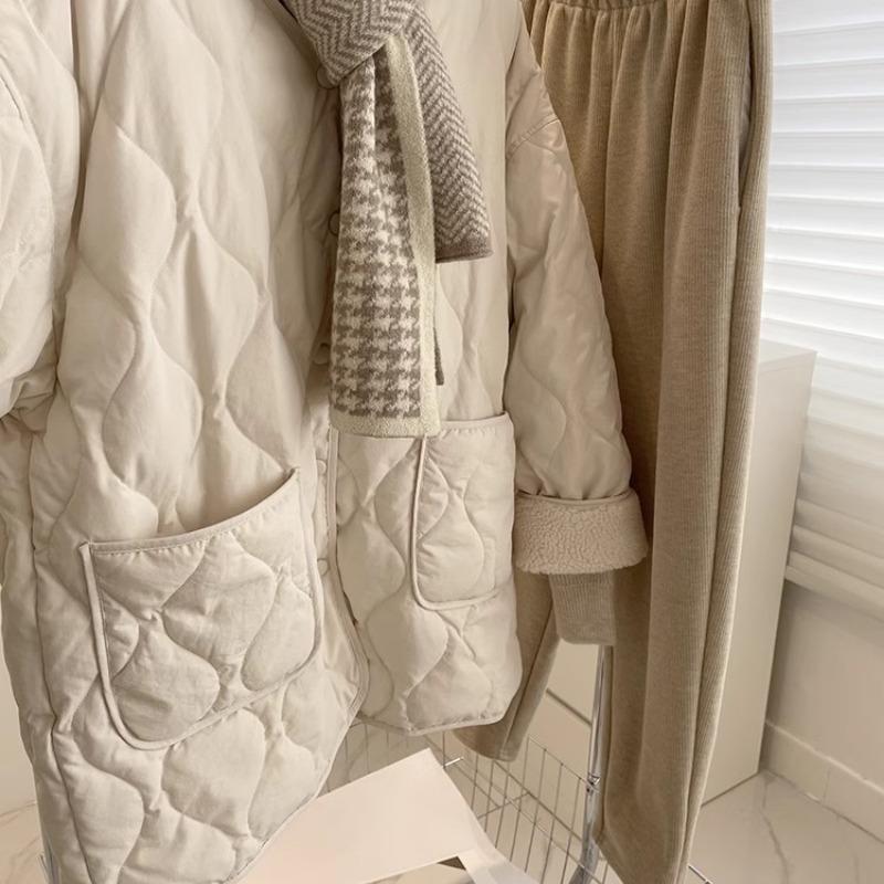 Collarless Lamb Wool Splicing Lightweight Diamond Grid Winter Korean Version Loose Small Fragrant Warm Cotton Clothes Cotton Clothes for Women