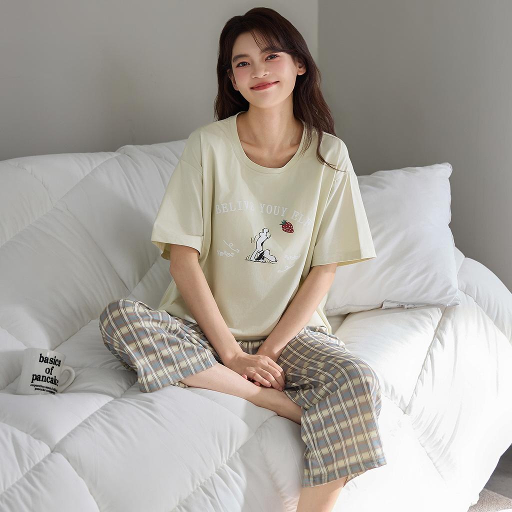 1011 new pajamas with chest pads women's summer pure cotton short-sleeved cropped pants loungewear anti-bumping outer wear pullover set