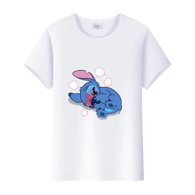Kawaii Disney Cartoon Blouse Lilo Stitch Love Top Summer Short Sleeve 90S T-shirts White Shirt Kids Tees Woman Plus Size Clothes