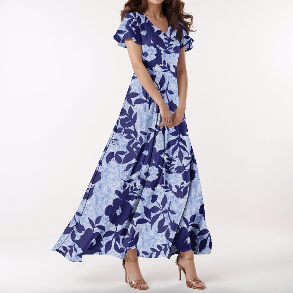 Lässiges Damenkleid mit V-Ausschnitt, kurzen Ärmeln und hoher Taille, Retro-Blumenblatt-Print