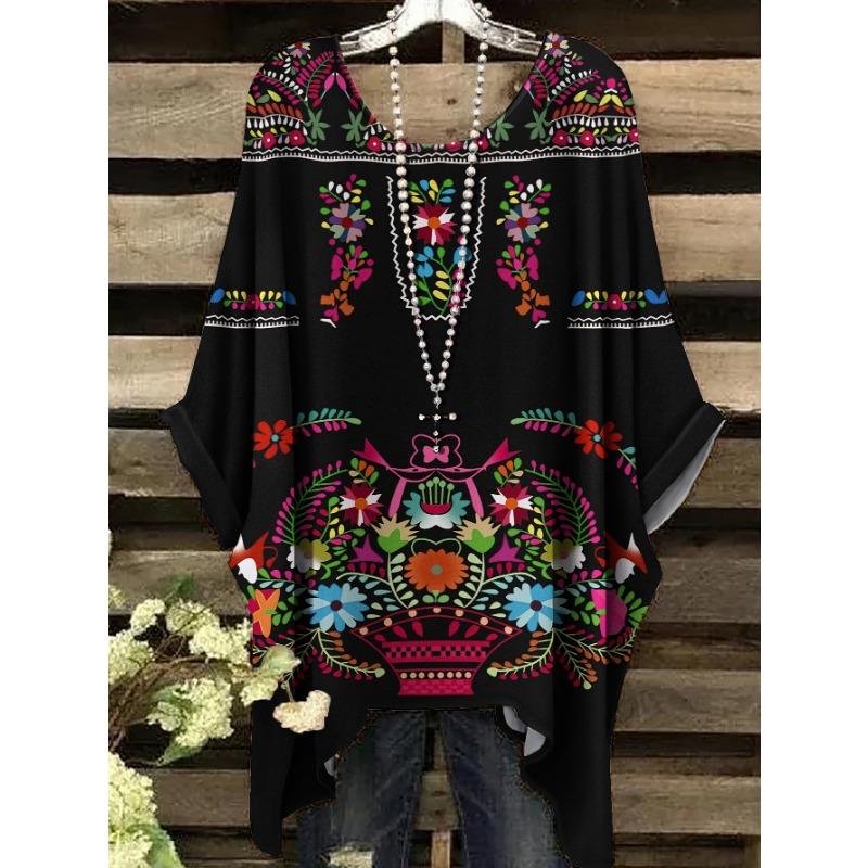 Summer fashion new large size round neck ethnic style small daisy pattern print, no accessories. 1XL