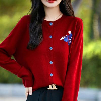 Women's Trendy Blueberry Embroidered Wool Cardigan - Soft, Buttoned, All-Match Knit Sweater