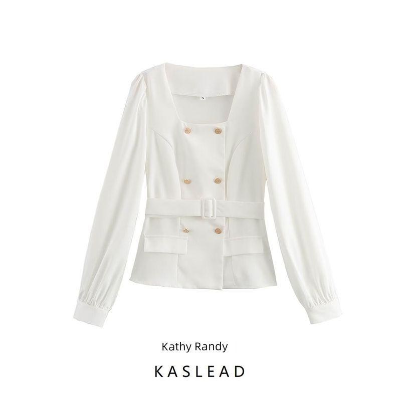 Kaslead New Arrival Women's Fashion Style Minimalist Retro Square Collar Double Breasted Lantern Sleeve Ladies Tops