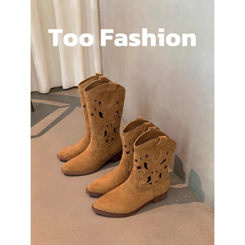 Cowhide version of grape mother, two versions of the same style~ Spice girl pointed head hollow embroidery medium and short tube thick heel western 