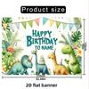 Watercolor Dinosaur Birthday Banner, 2D Flat Customizable Name Party Background with Tropical Leaves & Cute Dino