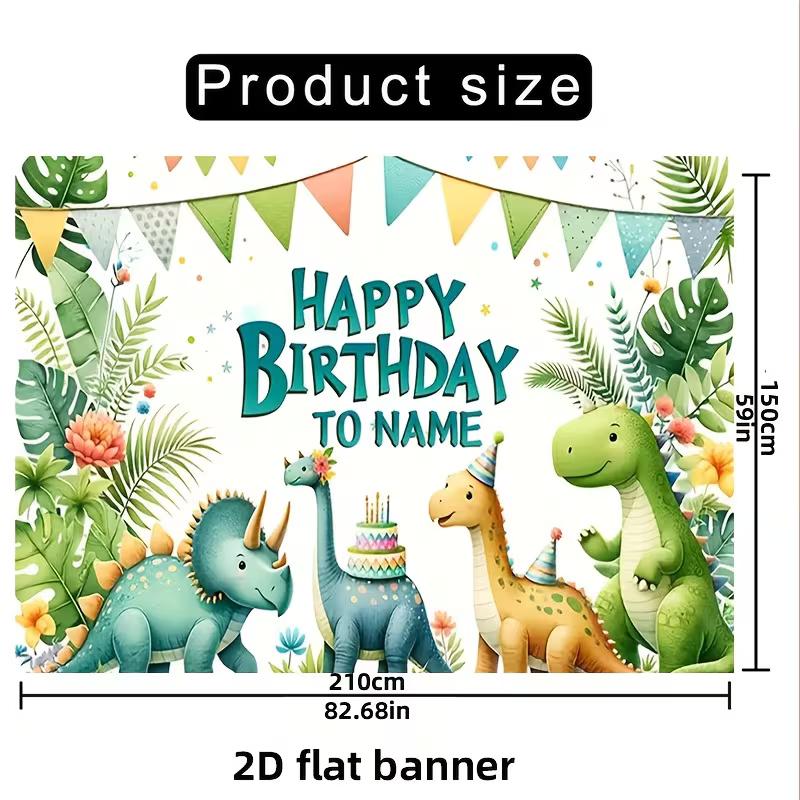 Watercolor Dinosaur Birthday Banner, 2D Flat Customizable Name Party Background with Tropical Leaves & Cute Dino