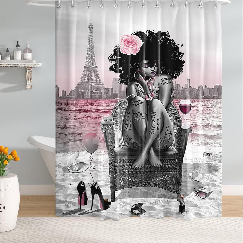 African American Girls Shower Curtain Waterproof Fabric Bathroom Decorative Shower Curtain Machine Washable with 12 Hooks