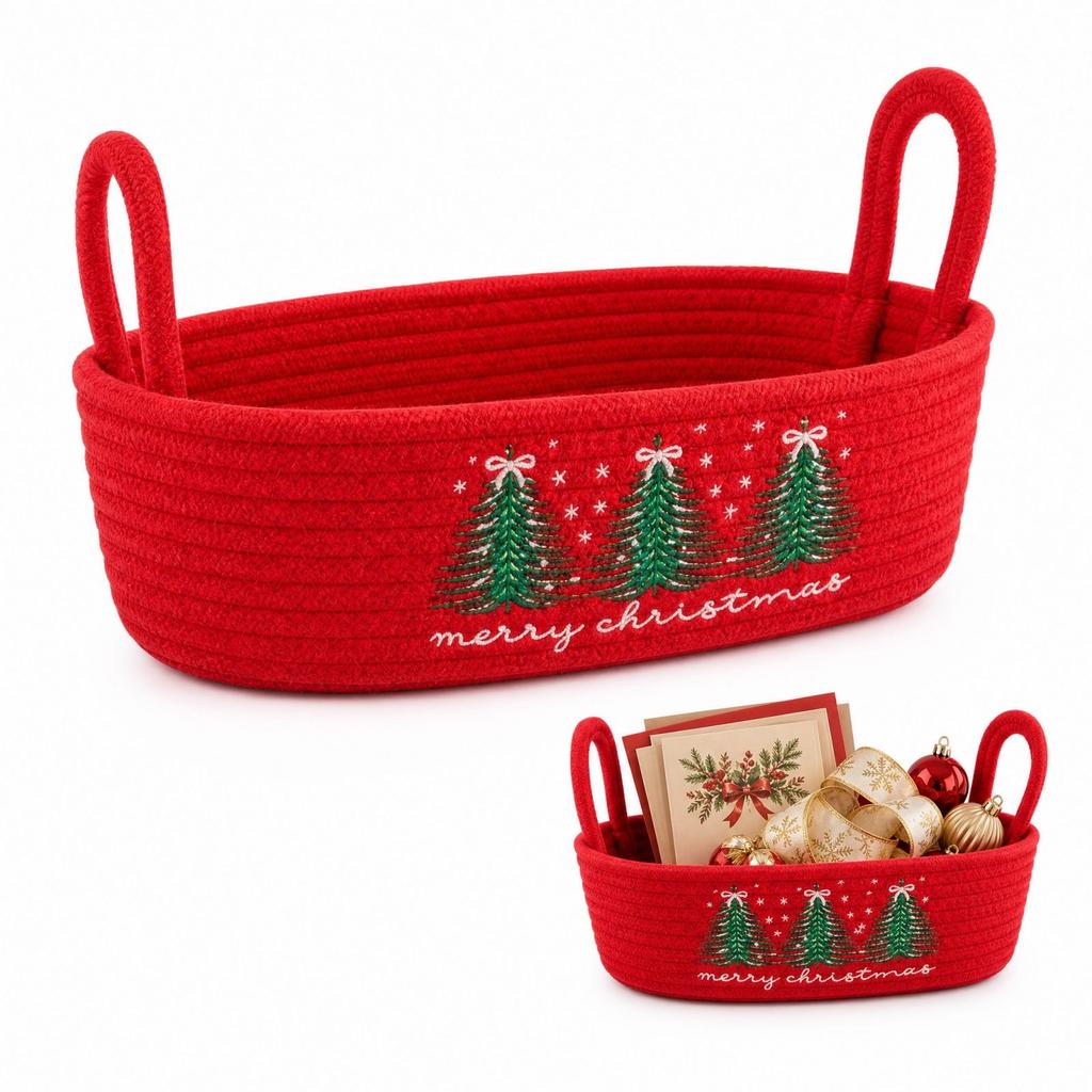Christmas Tree Embroidered Cotton Rope Storage Basket with Handles, Basket and for Baby Toys and Home Clutter