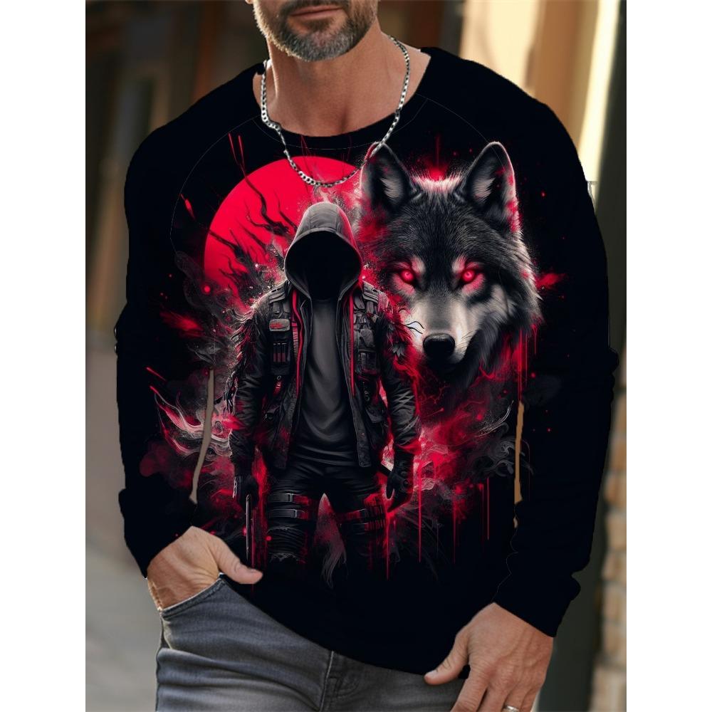 Long-sleeve 3D printed wolf pattern stylish T-shirt, men's street casual, round-neck trendy T-shirt