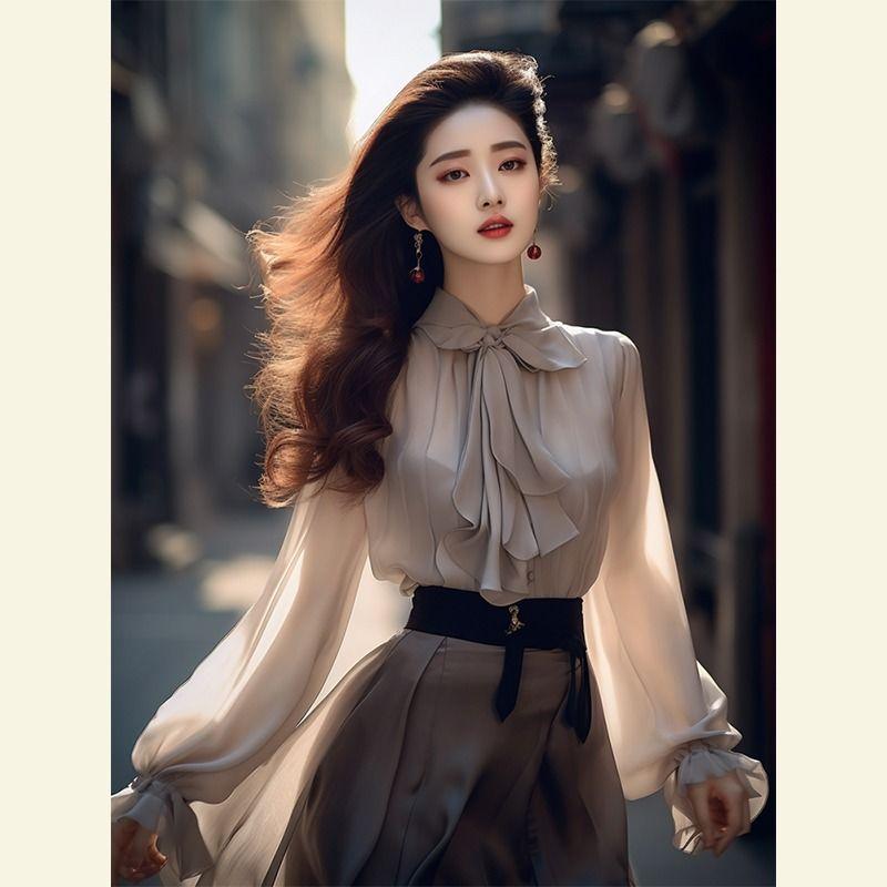 Fashionable French Bow-style Shirt 2025 New High-end Commuter Chic Long-sleeved Top Shirt