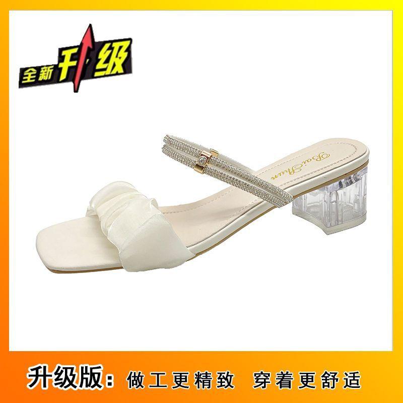 

Internet celebrity thick heel two wear cool slippers tide 2025 autumn new French fairy wind middle heel crystal heel wear sandals woman 39