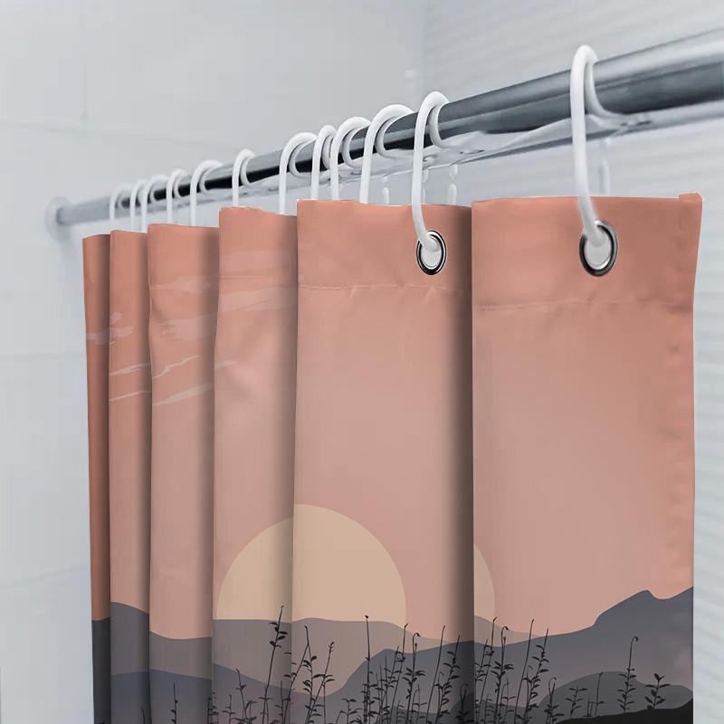 Sunset-themed shower curtain with black silhouette plants for modern bathroom decor peach pink color (59 x 72 inches)