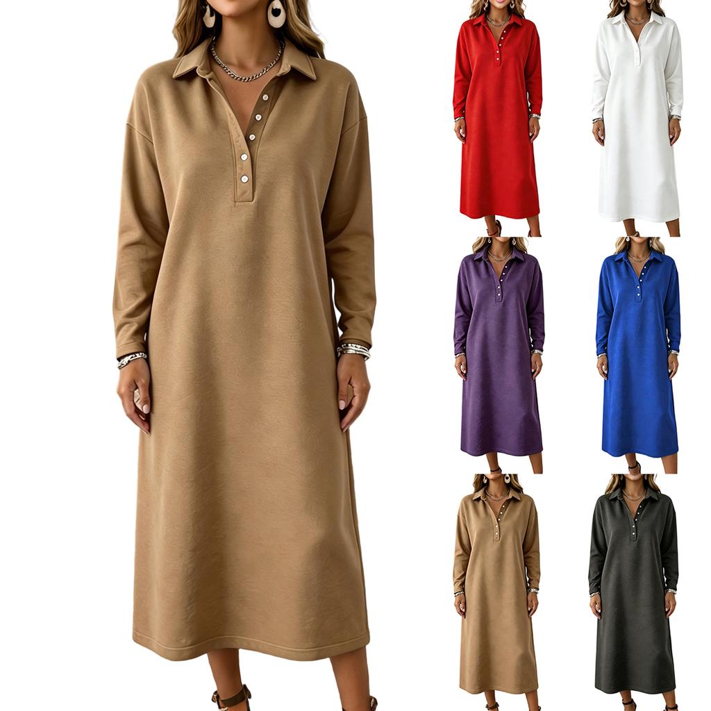 Women's Knit Sweatshirt Dress with Shirt Collar Long Sleeve Button Front Casual Midi Dress for Everyday Wear