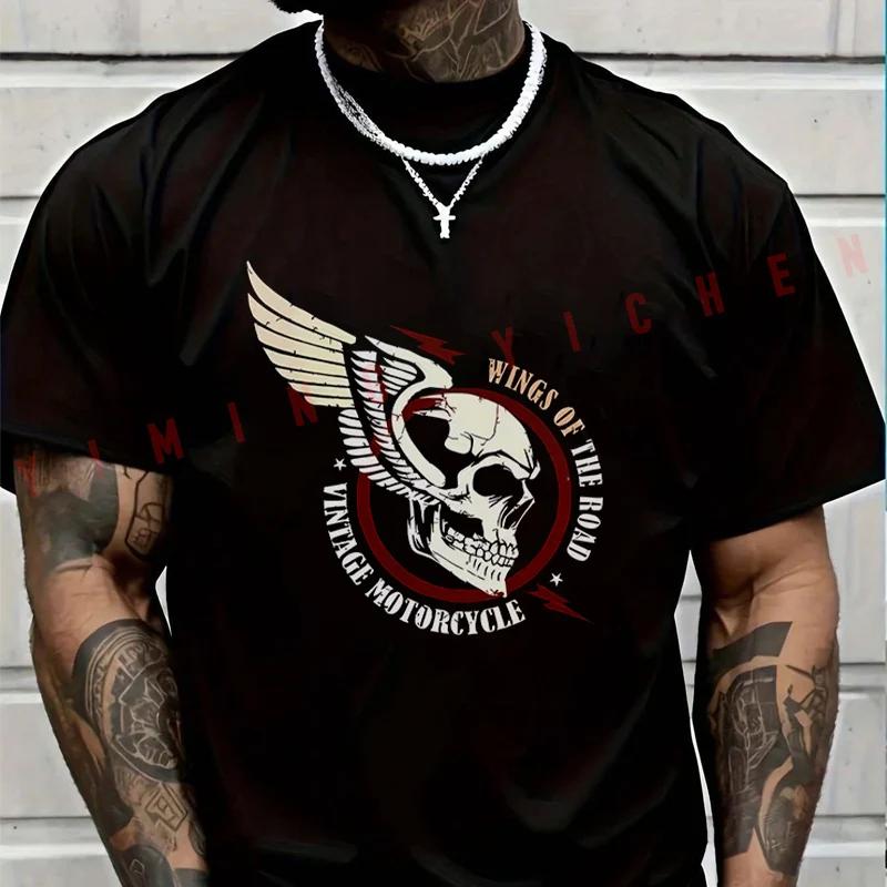 2026 Motorbike Men TShirt Casual WINGS OF THE ROAD VINTAGE MOTORCYCLE Skull & Wing T-shirt Short Sleeve Summer Top Tees