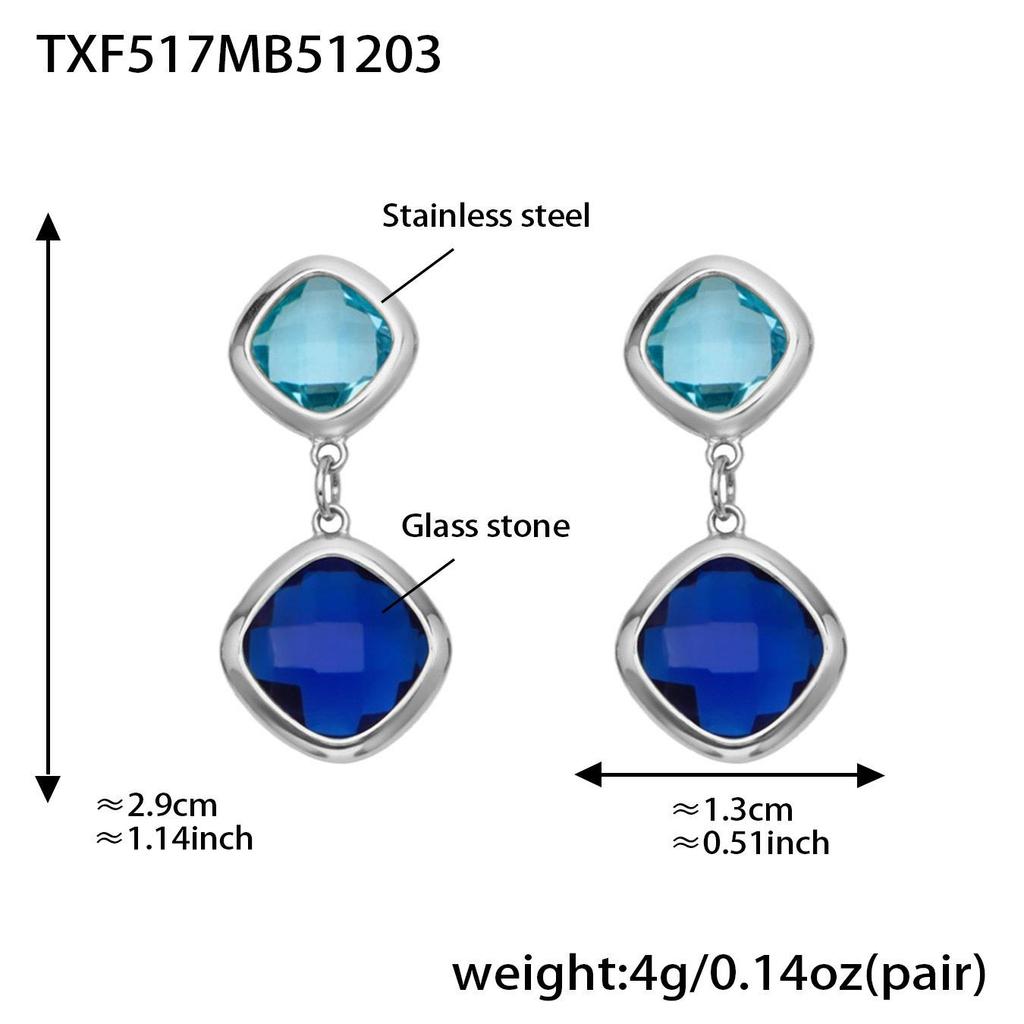 Geometric Glass Stone Earrings & Stainless Steel Bead Necklace Bracelet Set - Multi-color Patchwork Jewelry
