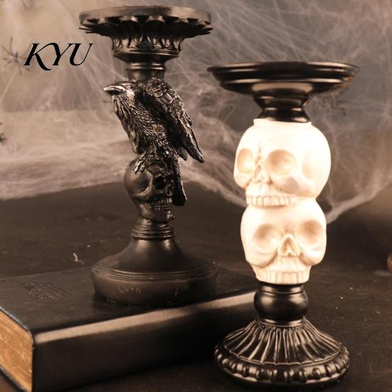 Handcrafted Sculpture Base Gothic Candlestick Holder, Halloween Resin Raven Skull Pillar Candle Holder Vintage Spooky Taper Stand for Home Table Decor