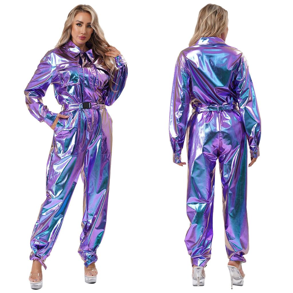 Damski Błyszczący Kombinezon Body Metaliczny Kombinezon Długi Rękaw Kołnierzyk Klapowy Wysoka Talia Kostium na Imprezę Halloweenową