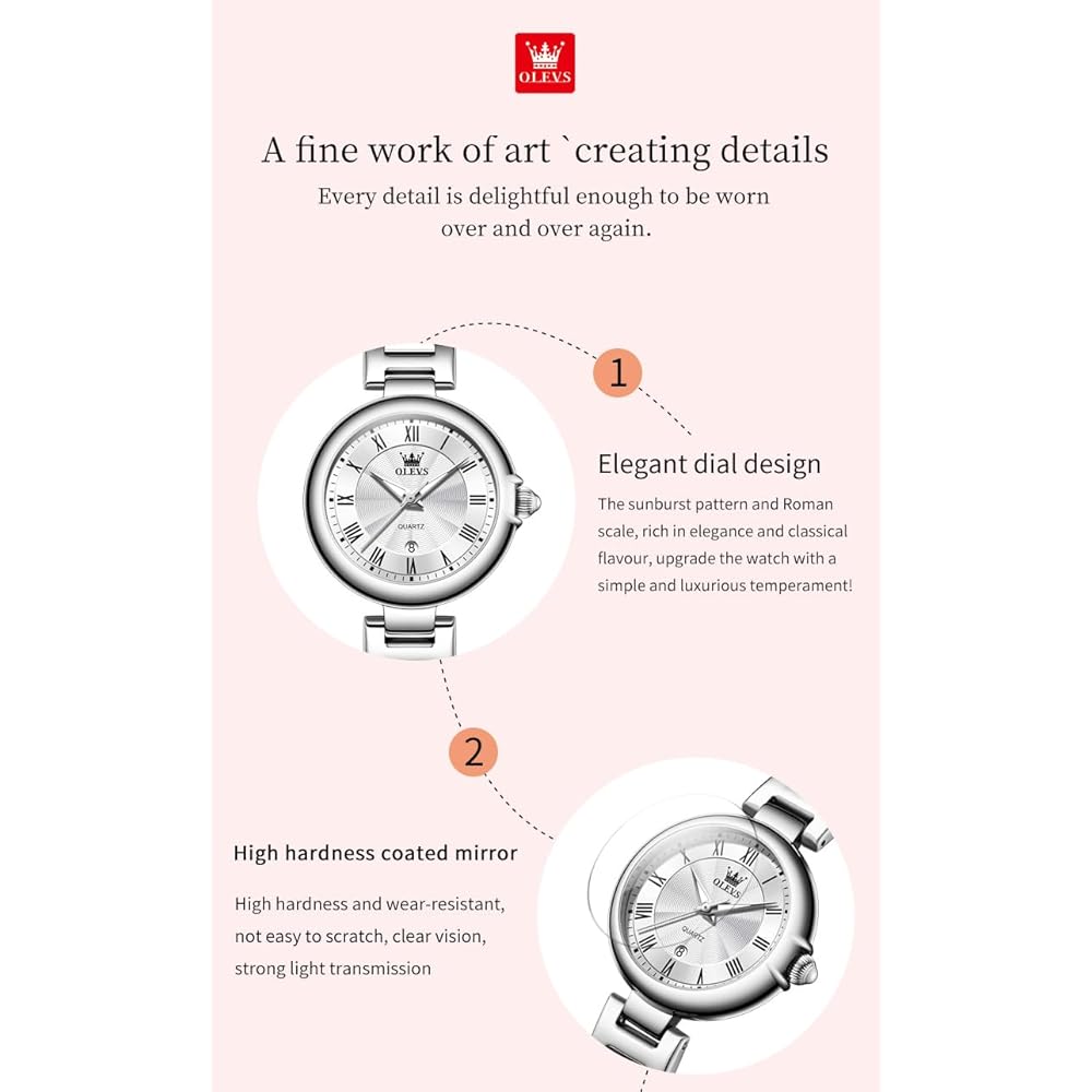 OLEVS Women's Quartz Watch Lightweight Waterproof Stainless Steel Luminous White